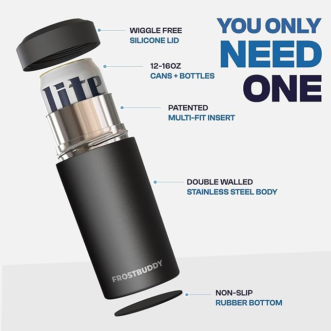 Frost Buddy Universal Buddy Can Cooler - Fits All - For Regular 12 & 16 oz or Slim-Size Bottles - Insulated Double-Walled Stainless Steel (Lights)