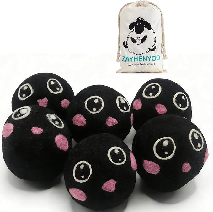 Dry Balls, Black Wool Dryer Balls Laundryer Balls for Dryer Premium 6-Pack New Zealand Wool Save Drying Time by 30%, Eliminate Static Cling, Reusable & Eco-Friendly Chemical Free