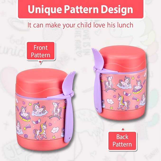 10oz Soup Thermo for Hot Food Kids,Lunch Thermo Kids Food Jar with Spoon Hot Insulated Food Containers,Leak Proof Stainless Steel Wide Mouth Lunch Thermo Jar for School(Pink-Unique Horse)