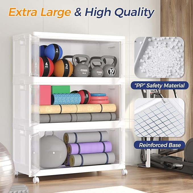 1000Qt Stackable Storage Bins with Lid and Wheel, 250Gal Plastic Closet Organizer and Storage Drawer, Large Collapsible Storage Box Cabinet with Clear Door for Home Kitchen Office, 5Pack White