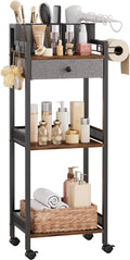 Bathroom Shelves with Drawer, 3 Tier Metal Rolling Standing Unit Storage Organizers with Toilet Paper Holder, Multifunctional Floor Corner Rack for Cosmetic, Dryer Curling Irons 12.8in Wide