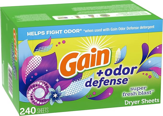 Gain + Odor Defense Dryer Sheets, Super Fresh Blast Scent Fabric Softener Sheets, 240 ct (Pack of 2)