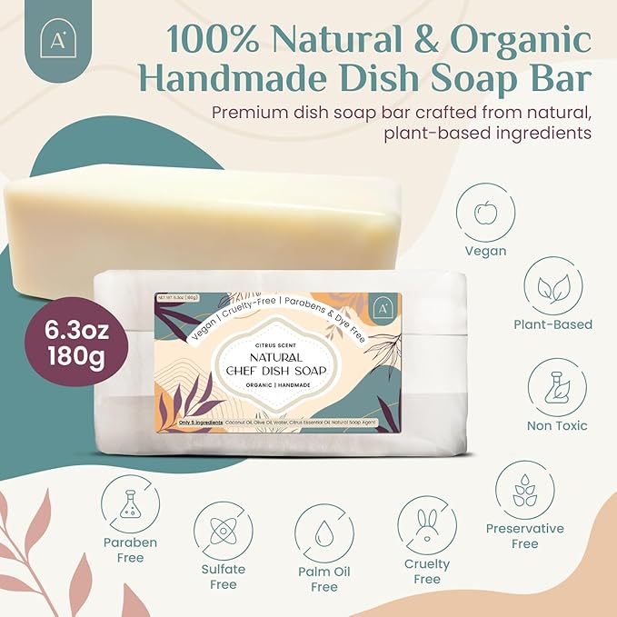 All Natural Dish Soap Bars - Bar Soap for Dishes, Biodegradeable Dish Soap Block, Kitchen Soap, All Natural Non Toxic, Low Waste Kitchen Dishwashing Bar Soap-Citrus Scent (1 Pack, 6.3oz)