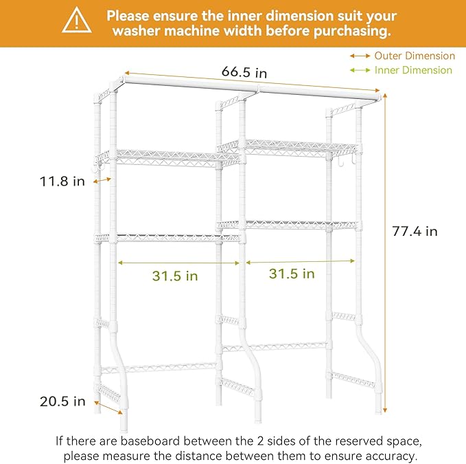 ULIFHOME U14 Over Washer and Dryer Storage Shelves, 4 Tiers Laundry Room Storage and Organizer System, Space Saving Clothes Drying Rack with 2 Clothes Hanger Rods, 66.5" W x 20.5" D x 77.4" H, White