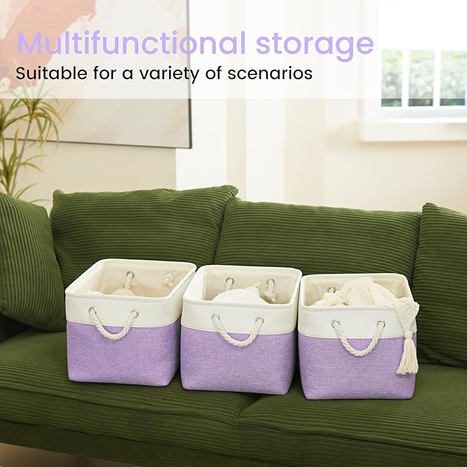 Large Storage Baskets- 15x11x10 inch Storage Bins for Shelves and Closet Organizing, Foldable Fabric Bin for Home Organization Clothes and Laundry (1-Pack, White&Purple)