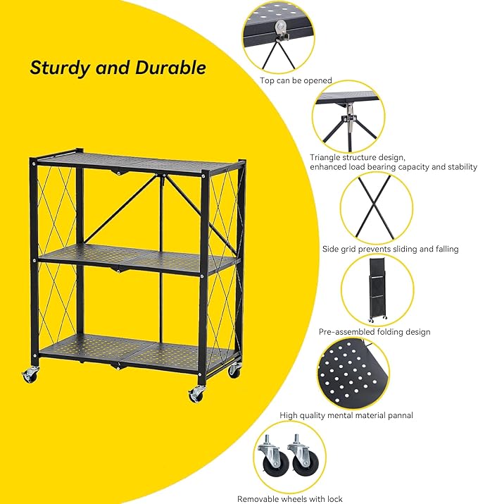 BRIAN & DANY 3-Tier Foldable Storage Shelves with Wheels, No Assembly Folding Shelf Metal Rack, Shelving Unit for Kitchen, Garage, Black