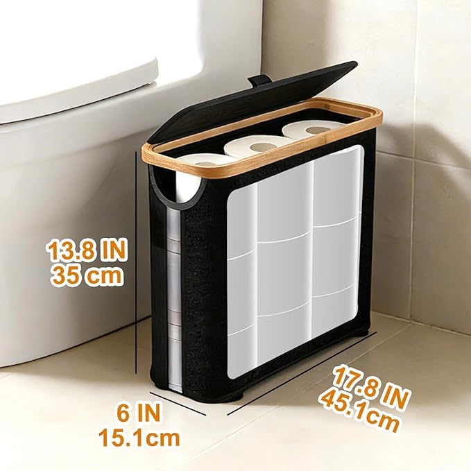 Toilet Paper Roll Storage, Bathroom Slim Toilet Paper Storage with Lid for 12 Rolls, Ultimate Bathroom Organizer with Anti-Slip Base, Black 30L
