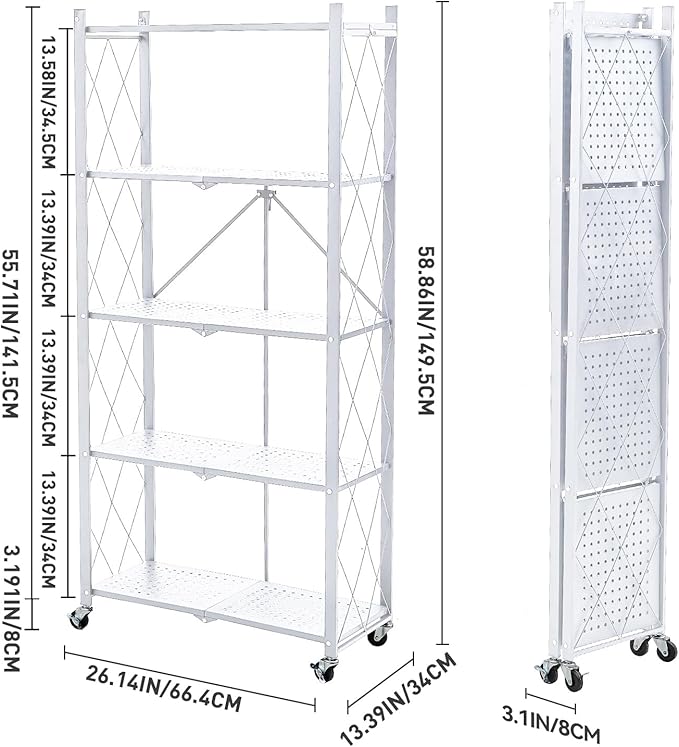 BRIAN & DANY 5-Tier Foldable Storage Shelves with Wheels, Folding Metal Rack Shelving Unit, Heavy Duty No Assembly Organizer Shelf for Garage, Kitchen, Basement, Pantry, White