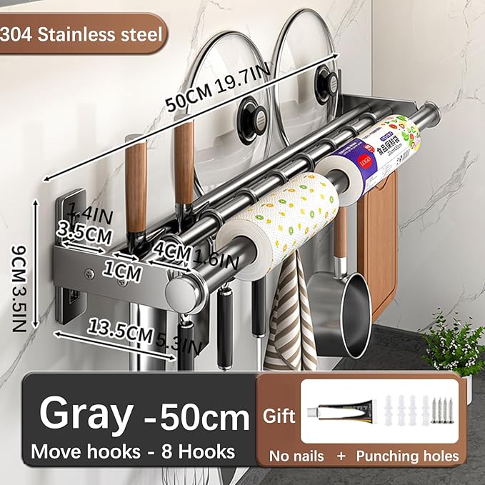 Hanging Wall Mount knife Wall Mount, Kitchen Organizer Storage Shelf for Utensils Spatula Spoon, Space-Saving Knife Rack with Hooks,Wall-Mounted Utensil Holder (Grey, 50CM+Three Poles+8Hooks)