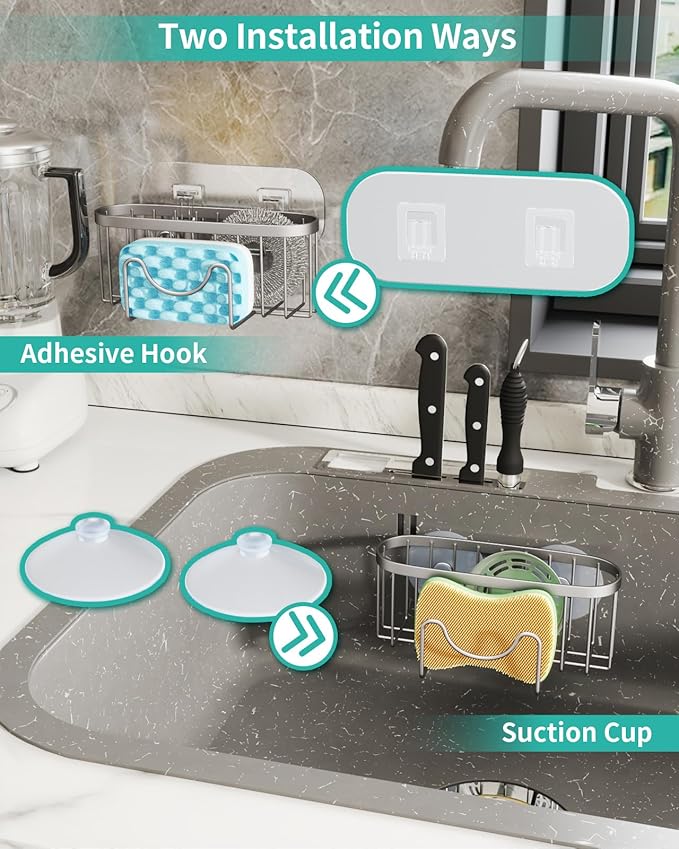 HapiRm Kitchen Sponge Holder for Sink - 2 Installation Methods Kitchen Sink Caddy Organizer with Unique M-Shaped, Rustproof Stainless Steel Sponge Caddy - Brushed Nickel (Large)