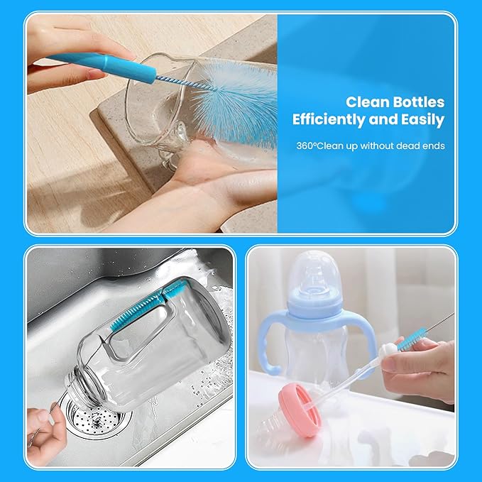 5 Pack Bottle Brush, Straw Cleaner Brush & Water Bottle Brush,15in Stainless Steel Brush, 3 Straw Brushes, 3-in-1 Bottle Cleaning Brush for Water Bottle, Coffee Mugs, Straws-Blue