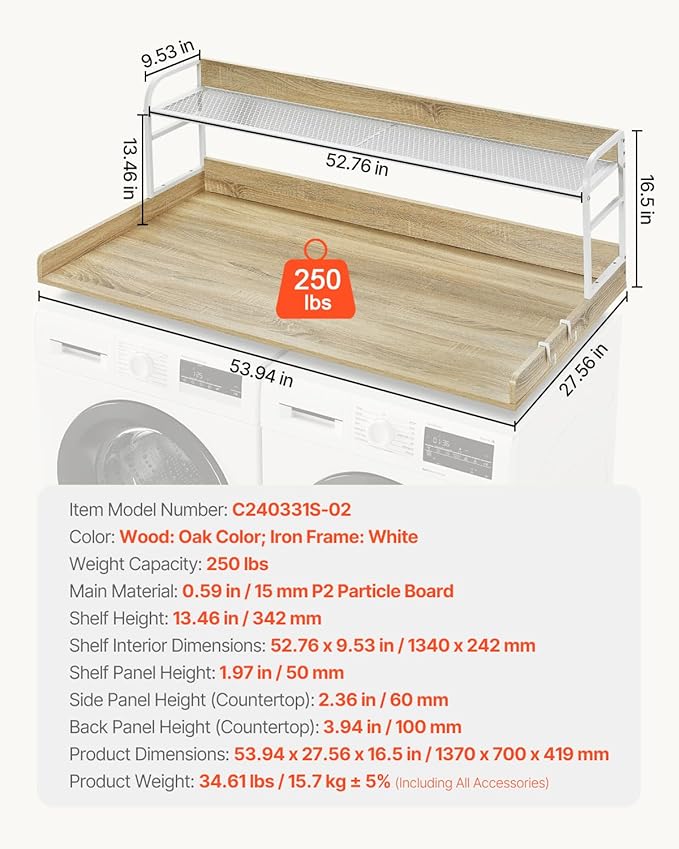 VEVOR Washer Dryer Countertop with 2-Tier Shelf, 54" x 27" Wooden Washer and Dryer Countertop with Anti-Slip Pads, Water-Resistant Laundry Topper Cover for Laundry Room Organization and Storage, Oak