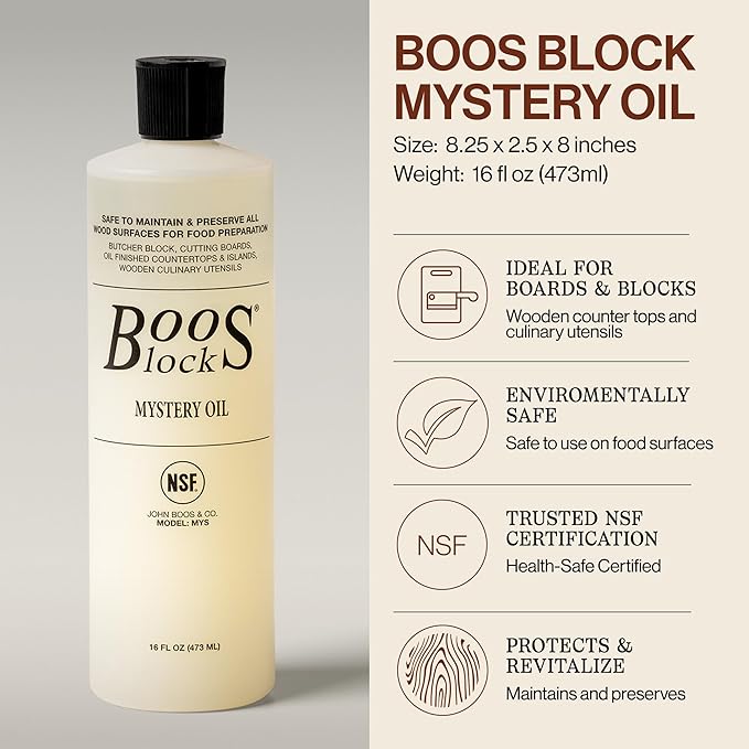 John Boos 3-Piece All-Natural Care & Maintenance Set - 16 oz Mystery Oil, 5 oz Board Cream & Round Applicator for Butcher Blocks, Cutting Boards, Wood Countertops, and Wooden Utensils
