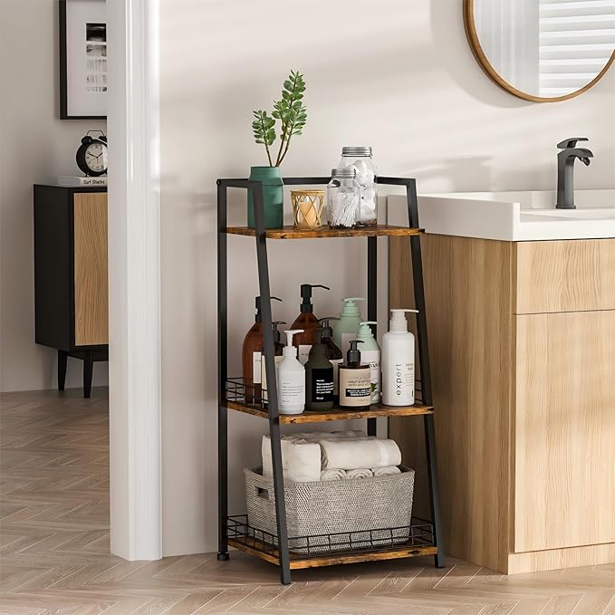 3-Tier Bathroom Shelf with Fence, Retro Bathroom Organizers and Storage Stand, Wood Shelving Unit with Metal Frames, Classic Open Floor Storage Shelves for Bathroom, Laundry Room, Living Room