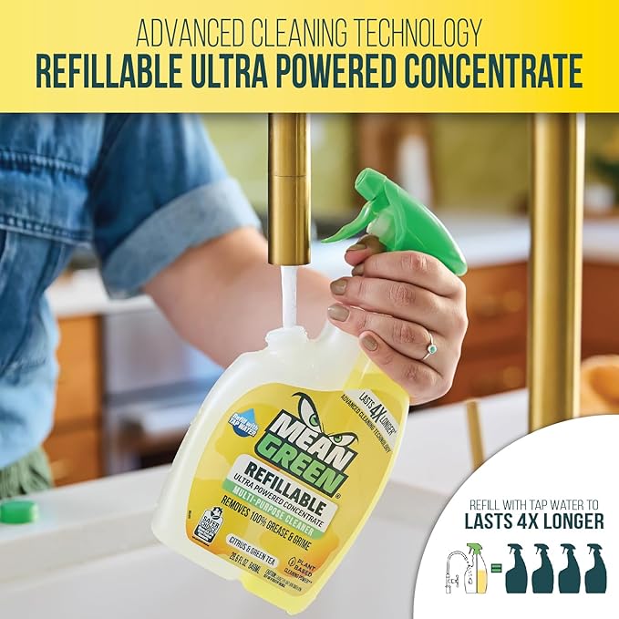 Mean Green Refillable Ultra Powered Multi-Purpose Cleaner Concentrate, Citrus & Green Tea, 14.3 fl oz (2-Pack) – Plant & Mineral Based, Cuts Through Grease & Grime, Refillable Bottle Makes 4X Refills