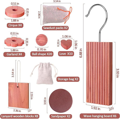 Woodever Cedar Blocks for Clothes Storage 56 Pcs, 100% Aromatic Planks with Metal Hooks, Cedar Wood Chips and Balls for Closets and Drawers, Fresh Scented Sachets