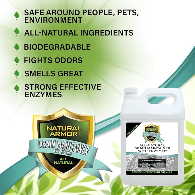 Natural Armor Enzyme Drain Maintainer - Quart Drain Cleaner with Natural Enzyme Power to Prevent Buildup & Odors - Safe for Sinks, Showers, Grease Traps & Septic - Non-Toxic Formula, 2.5 Gallon Case