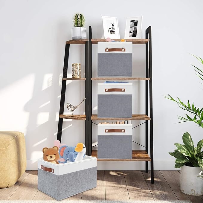 6 Pack Fabric Storage Baskets for Shelves, Closet Storage Bins for Shelves, Fabric Baskets for Organizing with Handles for Home and Office (White with Grey,15"L*10.2"W*9"H)