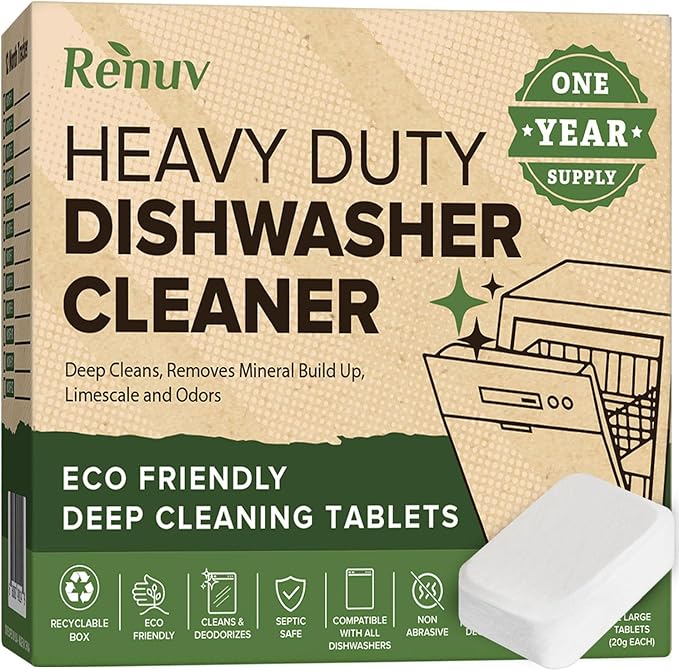 Renuv® Dishwasher Cleaner + Garbage Disposal Cleaner - Heavy Duty Kitchen Appliance Deep Cleaning, Descaling and Deodorizing, (12 Tablets of each)