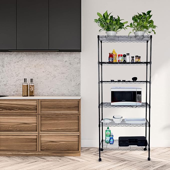 Simple Deluxe 6-Tier Shelving Units, 29.92'' W x 13.98'' D x 71.65'' H Adjustable Wire Shelving with Hanging Hooks and Wheels, Black