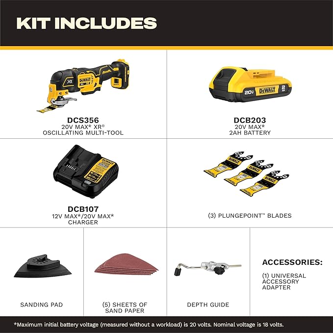 DEWALT 20V MAX XR Oscillating Multi-Tool Kit, Oscillating Tool Accessories, Cordless, 3-Speed, Quick Blade Change, Sand Paper, Blades, Battery and Charger Included (DCS356D1)