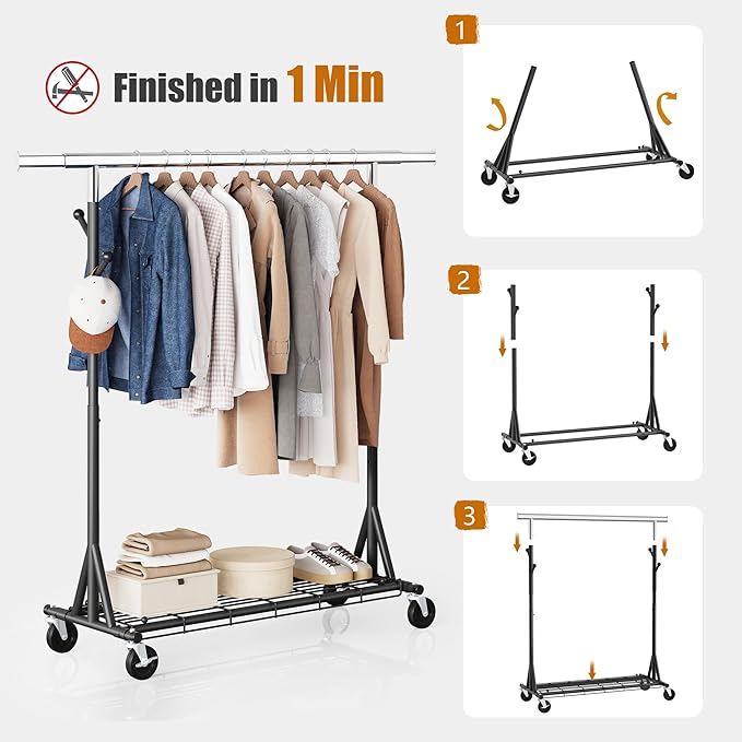 Gewudraw Garment Rack Load 530lbs,Heavy Duty Rolling Clothes Rack With Sturdy Wheel And Shelves, Adjustable Portable Hanging Rack For Clothes, Chrome Stainless Steel, Black