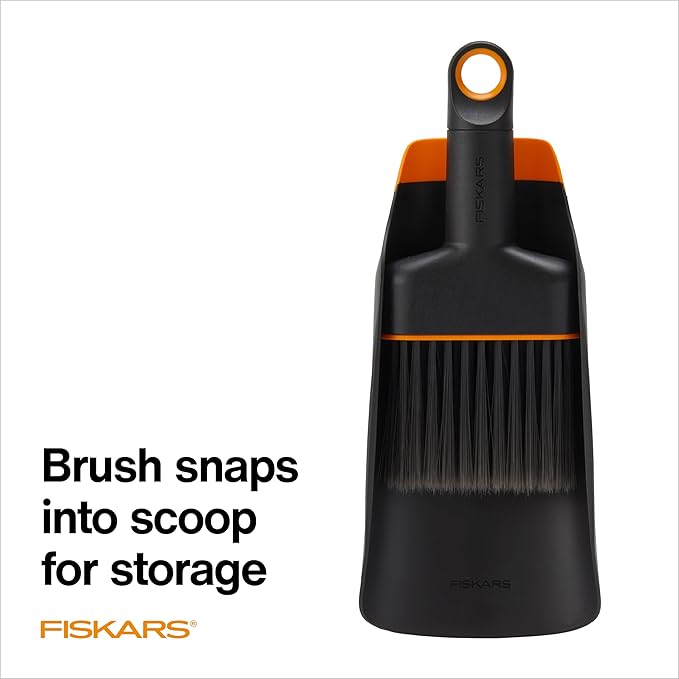 Fiskars Planting Soil Scoop & Brush Set, Dual-Sided Tool for Indoor Digging & Cleanup, Narrow Rigid End & Flexible Dustpan for Potting, Soft Bristles Sweep Debris, Recycled Plastic