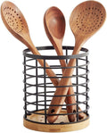 WDT Tool Utensil holder for Kitchen Counter - 5.2" x 5.2" x 6" Large Round with Wooden Base Matte Black Cooking Utensil Holder Utensil Organizer (Metal+Bamboo)