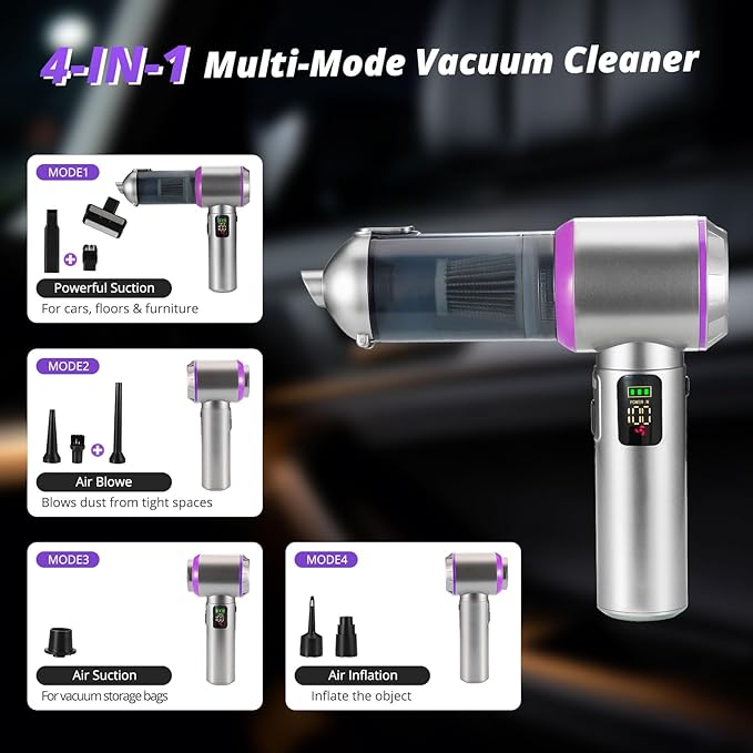 Cordless Handheld Vacuum with 17000Pa Powerful Suction, LED Light & 4-in-1 Nozzles, Portable Car Vacuum Cleaner for Pet Hair, Home, Office Desk, 3 Speeds & Type-C Charging
