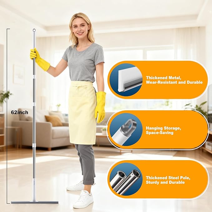 JOYBOS Rubber Floor Squeegee for Smooth Surface Concrete Floor, Tile Floor, Heavy Duty Garage Shower Floor Squeegee Broom for Removing Water, Commercial Scrubber Mop with Adjustable Long Handle (XL)