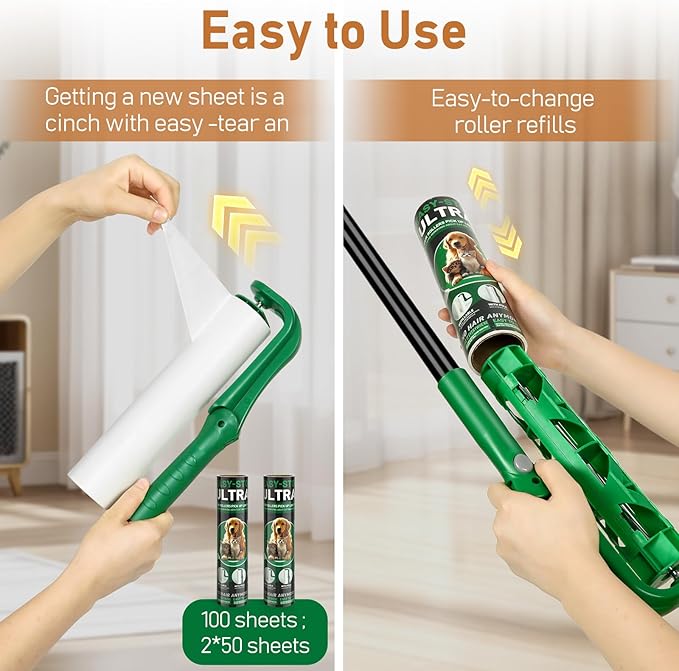 10" Large Lint Roller for Pet Hair Extra Sticky with Extra 3 Refills, Long Handle Floor Sticky Rollers with Big Lint Rollers Refills for Cleaning Carpets, Cars, Furniture