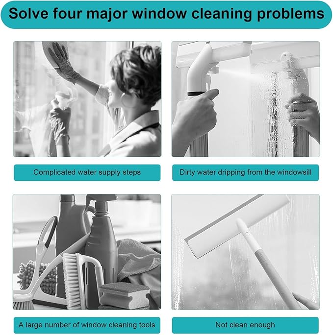 Zerodis Window Squeegee Cleaner with Spray, Mirror Scrub Pad Compact Glass Mop for Indoor Outdoor Bathroom Kitchen
