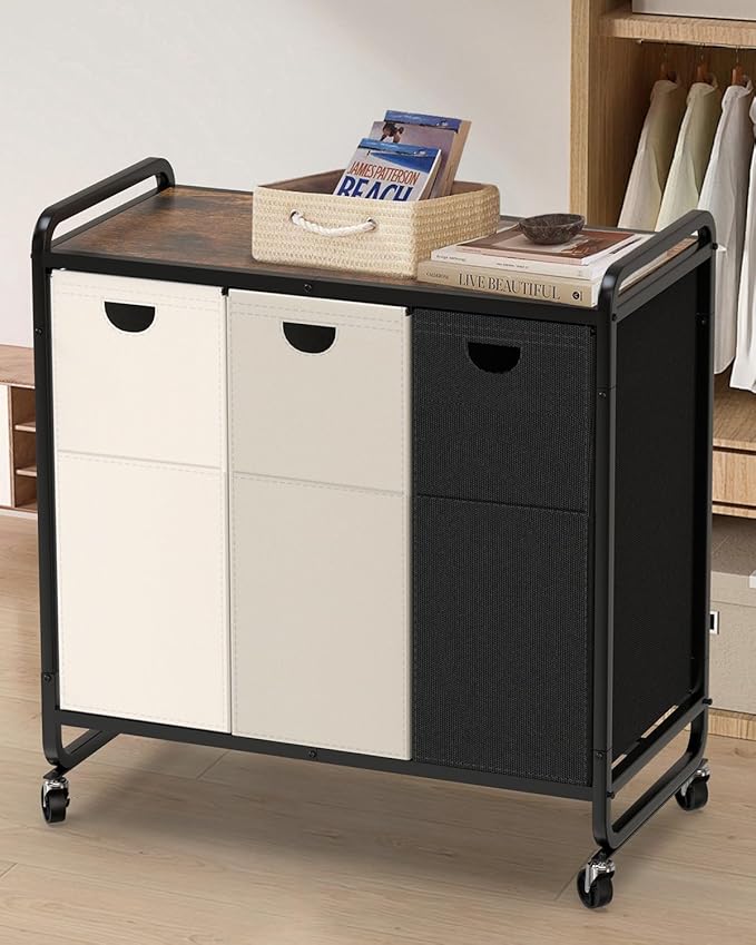 Laundry Sorter 3 Section,Laundry Basket with Wheels,3×15.8 Gal (60L) Laundry Hamper Organizer with Large Wooden Desktop Sorter,Pull-Out and Removable 900D Oxford Fabric Laundry Bags for Laundry Room