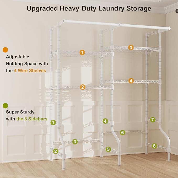 ULIFHOME U14 Over Washer and Dryer Storage Shelves, 4 Tiers Laundry Room Storage and Organizer System, Space Saving Clothes Drying Rack with 2 Clothes Hanger Rods, 66.5" W x 20.5" D x 77.4" H, White