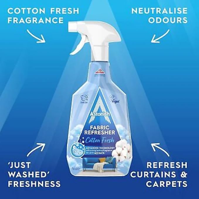 Astonish Fabric Refresher Cotton Fresh, 750ml Trigger Spray Bottle – Long-Lasting Odor Neutralizer for Curtains, Carpets & Upholstery – Encapsulated Fragrance Technology for Up to 100 Days Freshness
