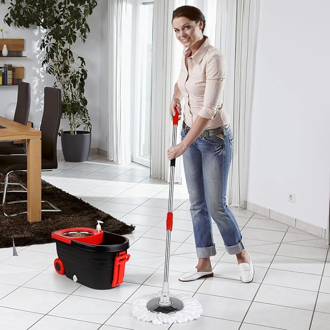 Spin Mop and Bucket with Wringer Set on Wheels, 360 Spinning Mop with Stainless Steel Handle for All Hard Surfaces, Floor Cleaning System with 3 Microfiber Replacement Heads, Black/Red