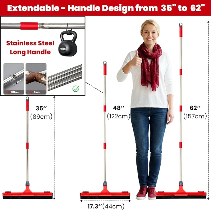 Floor Squeegee with 2 Replaceable Heads – 17'' EVA Foam Blade for Uneven Surfaces, 62'' Long Handle, Built-in Towel Clip, Non-Scratch Heavy Duty Squeegee Broom for Garage, Window, Tile, Patio & Shower