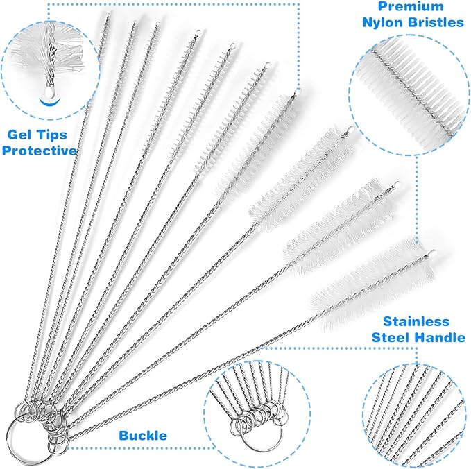 Cleaning Brushes Set, 10 Pieces 8 Inch Nylon Tube Brush + 60 Inch Flexible Long Drain Brush, Hose Pipe Brush, Suitable for Home Kitchen, Bathroom, Fish Tank, Water Pump Accessories (White)