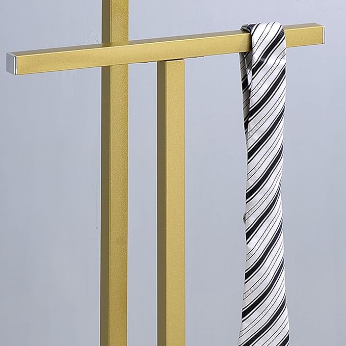 Kings Brand Furniture Vaccaro Metal Suit Valet Stand – Freestanding Clothes Organizer with Jacket Hanger, Pants Bar, Tie Holder & Storage Shelf – Modern Bedroom Garment Rack (Gold/Black)