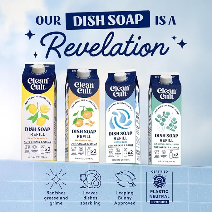 Cleancult Dish Soap Liquid Refill (32oz, 1 Pack) - Plant Based Cleaning Power - Dish Soap that Cuts Grease & Grime - Free of Harsh Chemicals - Uses 90% Less Plastic - Mountain Eucalyptus