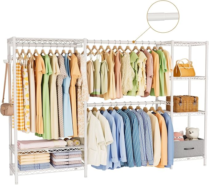 Golpart Coat Rack Clothes Wardrobe：Closet Organizer and Storage Clothing Garment Rack with Shelves Heavy Duty for Hanging Clothes Portable Adjustable White 15.8" Dx(70-88.5)" Wx76.5 H