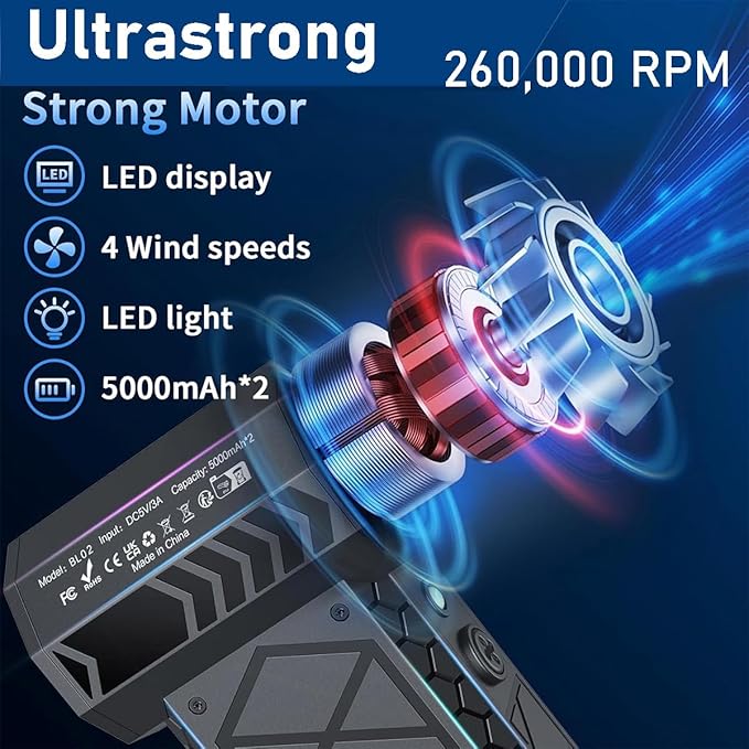 Compressed Air Duster, 260000RPM Mini Electric Dust Blower, Rechargeable Air Blower with 2 LED Lights, 4-Gear Adjustable Compressed Air Cleaner for PC, Cool Gadgets for Men