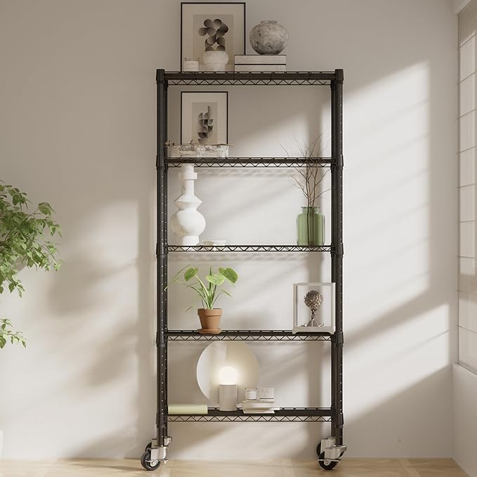 3 Pack 5 Tier Shelving Unit Wire Rack, Heavy Duty Adjustable Shelf Rolling Storage Shelves with Wheels, 14" D x 30" W x 60" H 750 lbs Capacity Kitchen Garage Pantry Shelves for Small Spaces