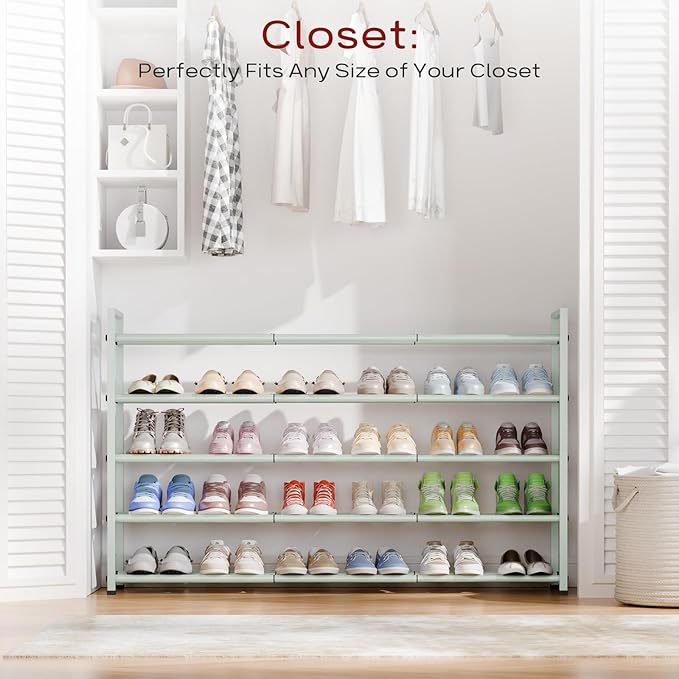 Bumusty 5-Tier Long Expandable Shoe Rack for Closet, 18"-44" Adjustable Shoe Rack for Entryway, 25-30 Pairs Large Shoe Organizer Shelf Storage, Sturdy Metal, Green