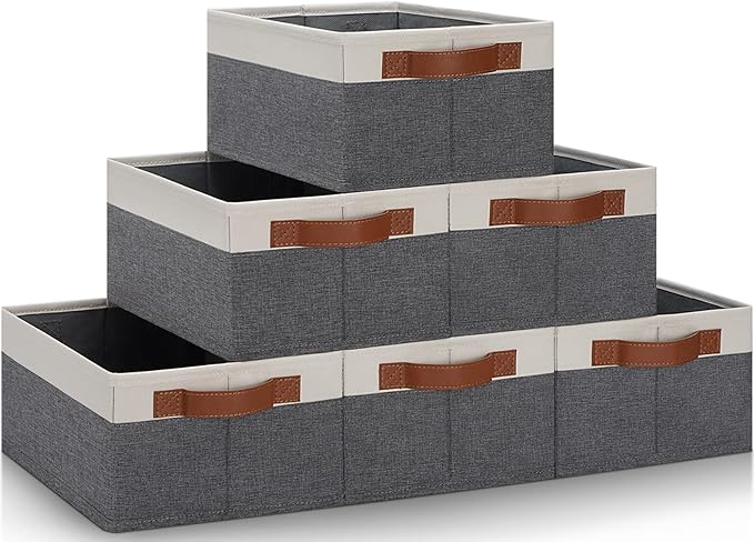 GhvyenntteS Small Fabric Storage Bins with Handles 6 Pack, 11.8" x 7.87" x 5.11" Storage Baskets for Shelves, Baskets for Organizing Clothes Underwear Socks Hats DVDs (Grey/White)