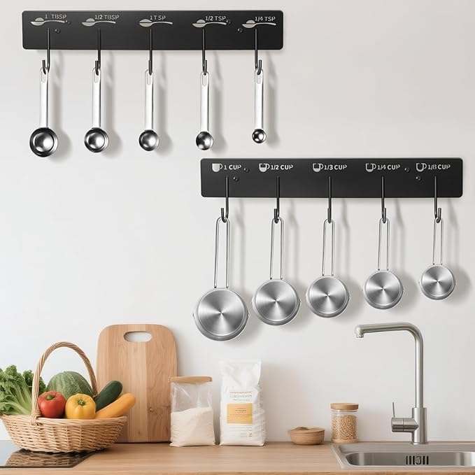 2 Pack Measuring Cups and Spoons Hanging Rack, Measuring Organizer Suitable for Kitchen, Black Cups and Spoons Rack, Including Screw and Adhesive Mounting