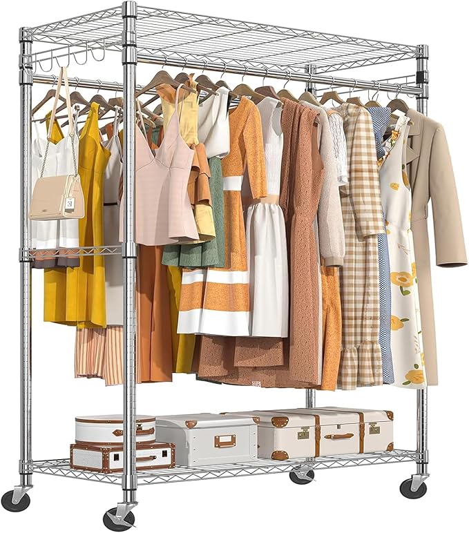 Simple Trending Rolling Clothes Rack, Clothing Rack, Garment Racks for Hanging Clothes, Freestanding Portable Closet Organizer, Heavy Duty, Max Load 450LBS, Chrome