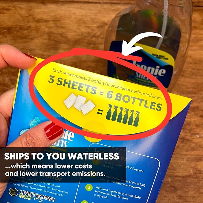 Genie Sheets Glass & Mirror Cleaner | 1 Bottle with Foaming Sprayer + Concentrate Makes 6 24oz Refills | Professional-Strength | Just Add Water | Sustainable EcoFriendly Plant-Based