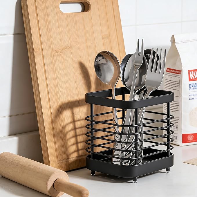 2 PCS Utensil Holder Stainless Steel Drying Rack Kitchen Counter Cutlery Silverware Flatware Drainer Caddy Forks, Knives, Spoons, Chopsticks Organizer (Black, Silver)