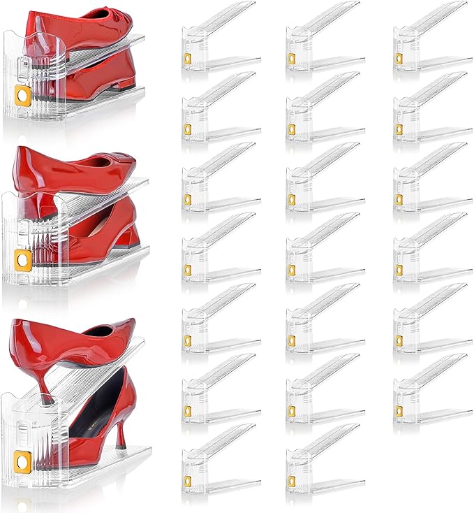 Shoe Slots Organizer for Closet, 20 Pack Shoe Stacker Organizer, Shoe Storage Space Savers 50%, 3 Levels Adjustable Shoe Racks for Closet Organization